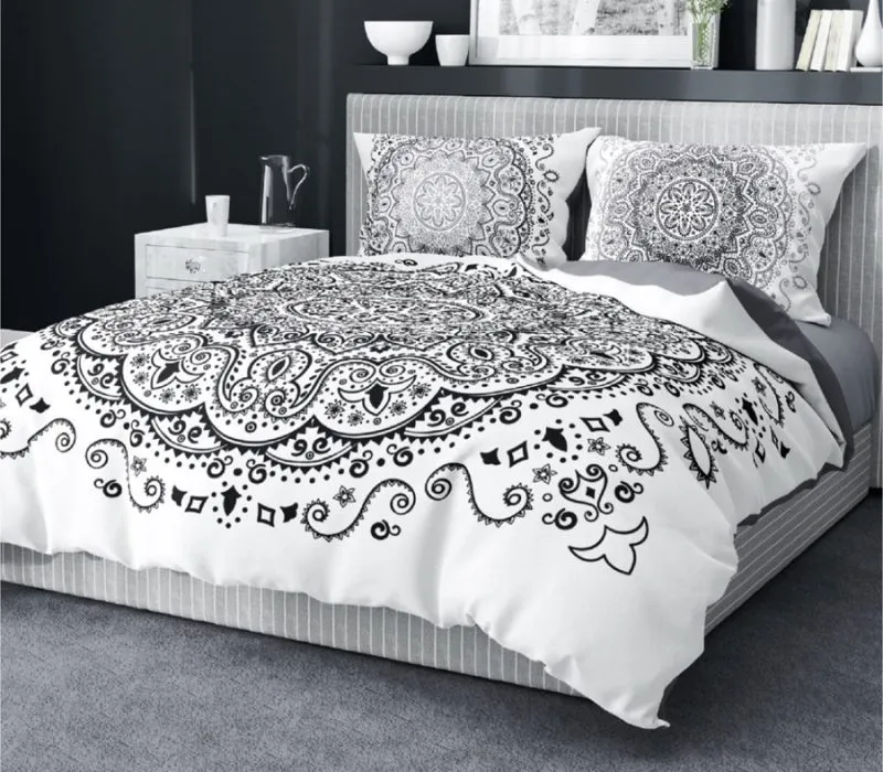 Wzorzysta pościel orientalna dla par 150x200 i 160x200 cm, biało-czarno-szara