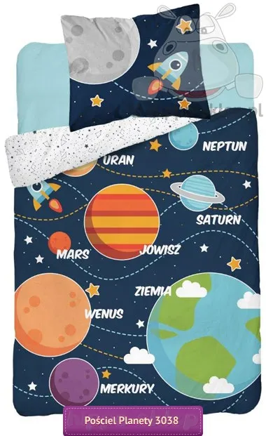Świecąca w ciemności pościel z planetami - kosmos 140x200 cm