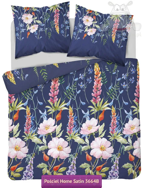 Pościel satynowa polne kwiaty 150x200 lub 160x200, granatowa
