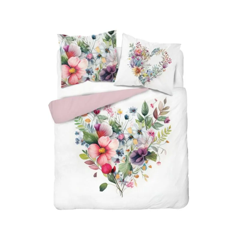 Biało-rózówy bawełniany komplet pościeli z kwiatami polnymi 20x200 + 50x60