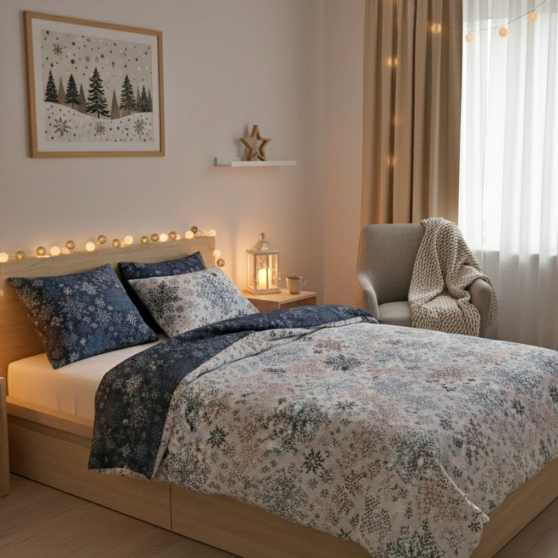 Beżowo niebieska świąteczna pościel w śnieżynki