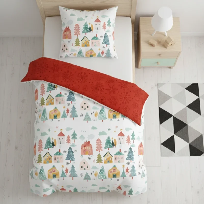 Pościel kolorowe domki choinki Scandic 80 120x160 + 50x60 cm