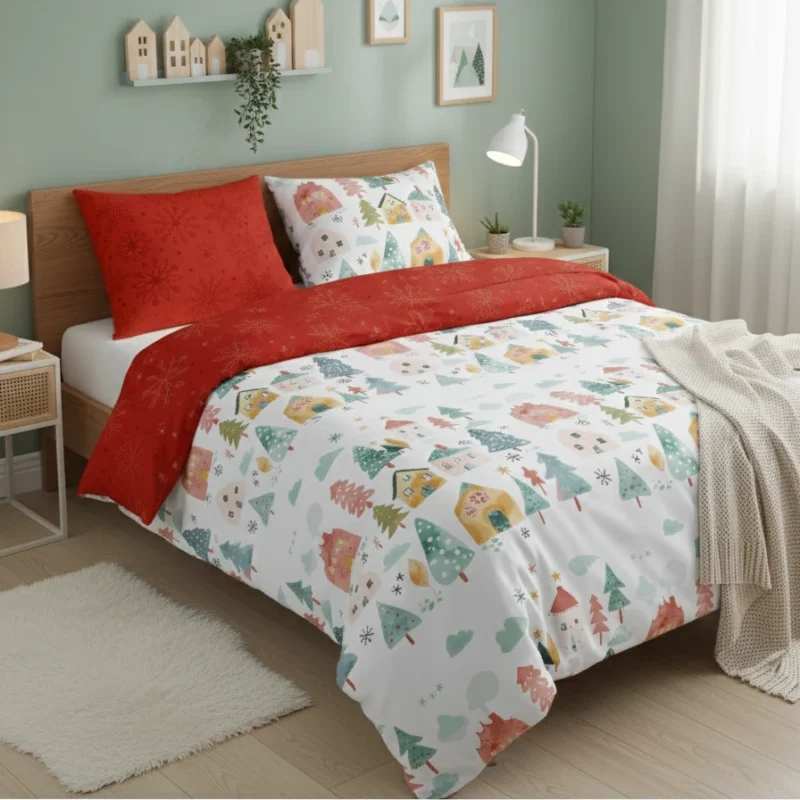 Pościel zimowa Scandic 080 domki i choinki 150x200 50x60 cm
