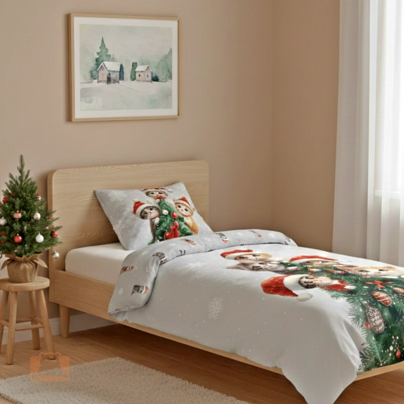 Poszwa i poszewka świąteczna z kotkami na choince 120x160 + 50x70 cm