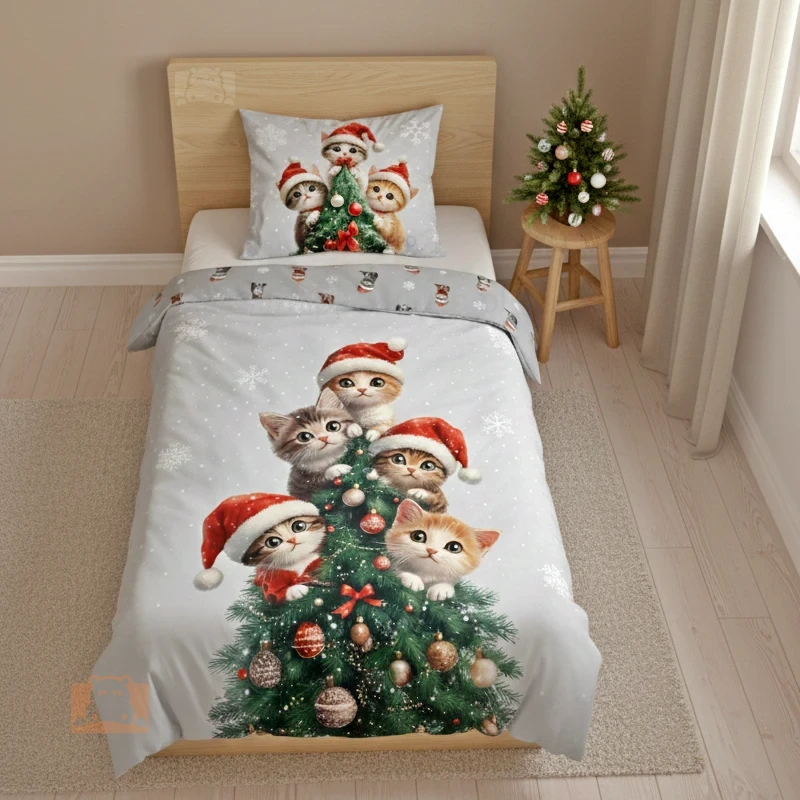 Świąteczna pościel z kotkami w czapkach Mikołaja 135x200 + 50x80 cm